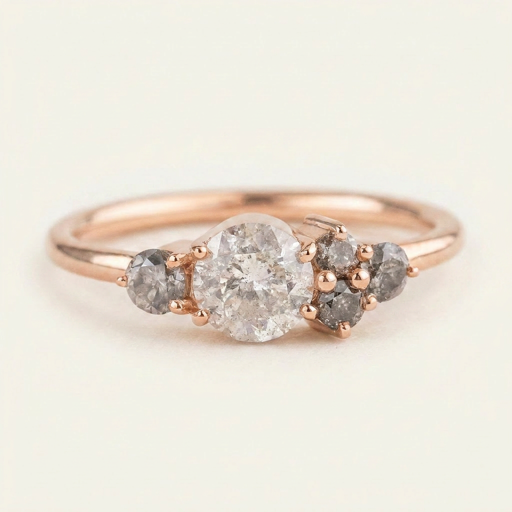1.55 CT Round Cut Salt and Pepper Diamond Cluster Ring