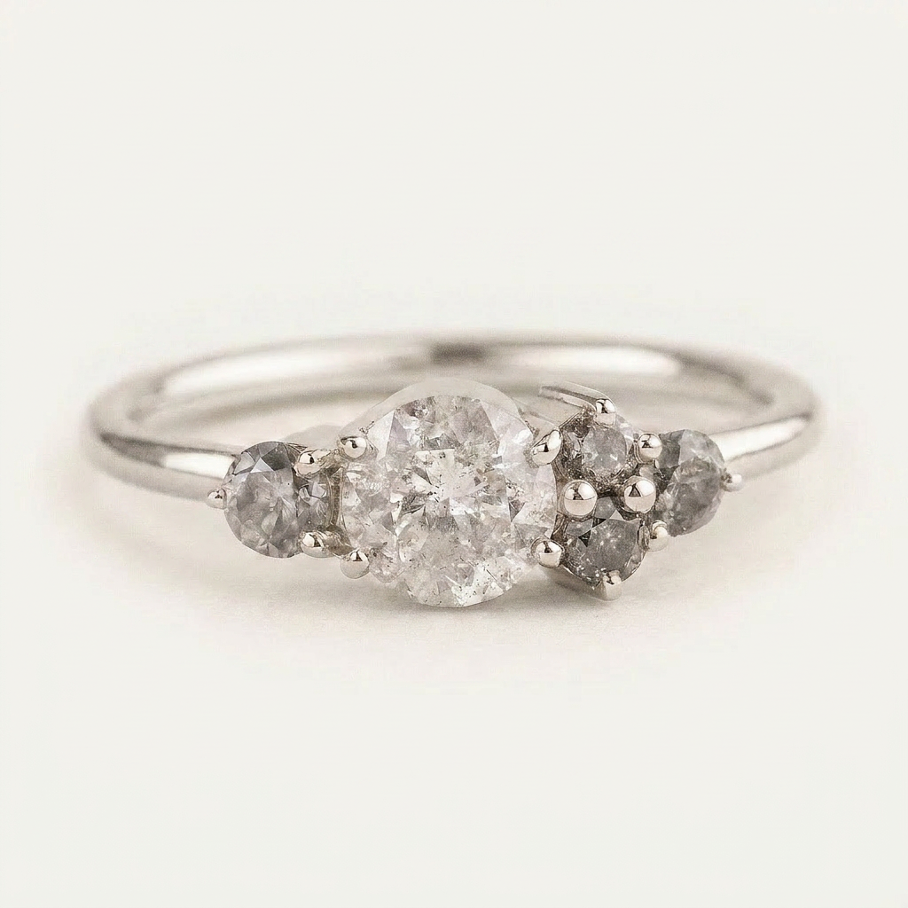 1.55 CT Round Cut Salt and Pepper Diamond Cluster Ring