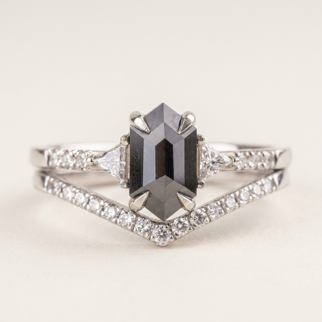 1.70 CT Hexagon & Round Cut Salt and Pepper Diamond Three Stone Ring (V1)