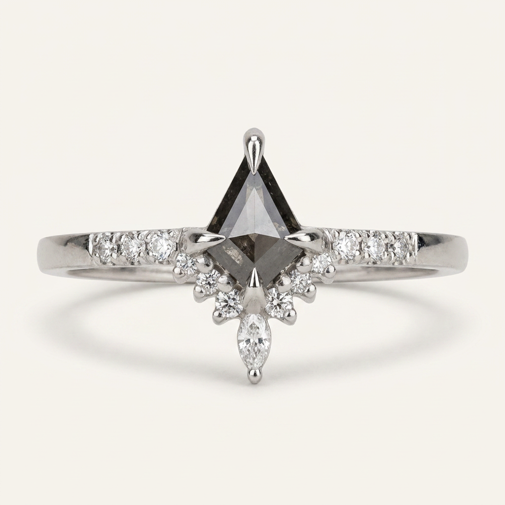 1.25 CT Kite & Round Cut Salt and Pepper Diamond Cluster Ring