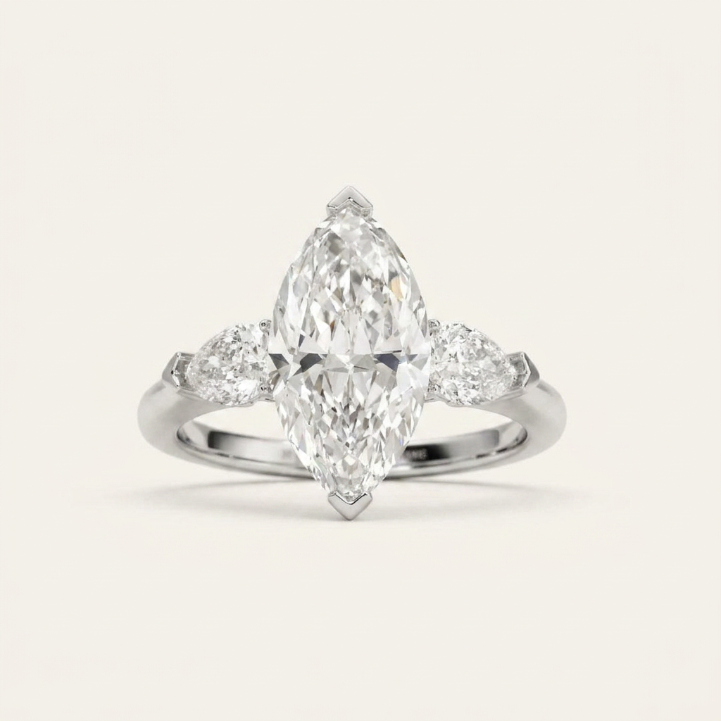 Moissanite 3.52 CT Marquise & Pear Cut Diamond Three Stone Ring