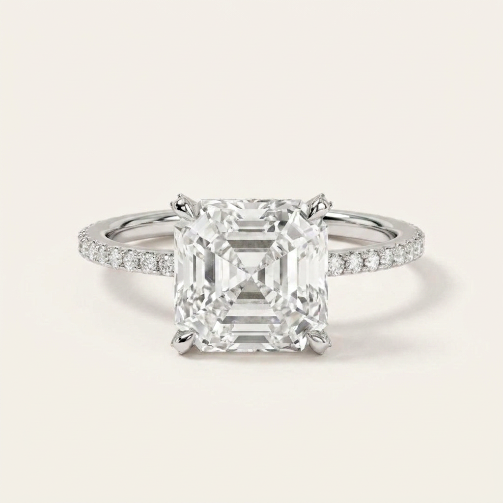 Moissanite 3.45 CT Asscher & Round Cut Diamond Solitaire Ring