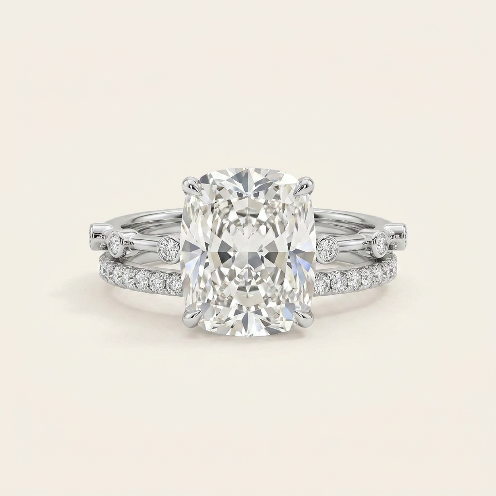 Moissanite 5.00 CT Cushion & Round Cut Diamond Solitaire Ring