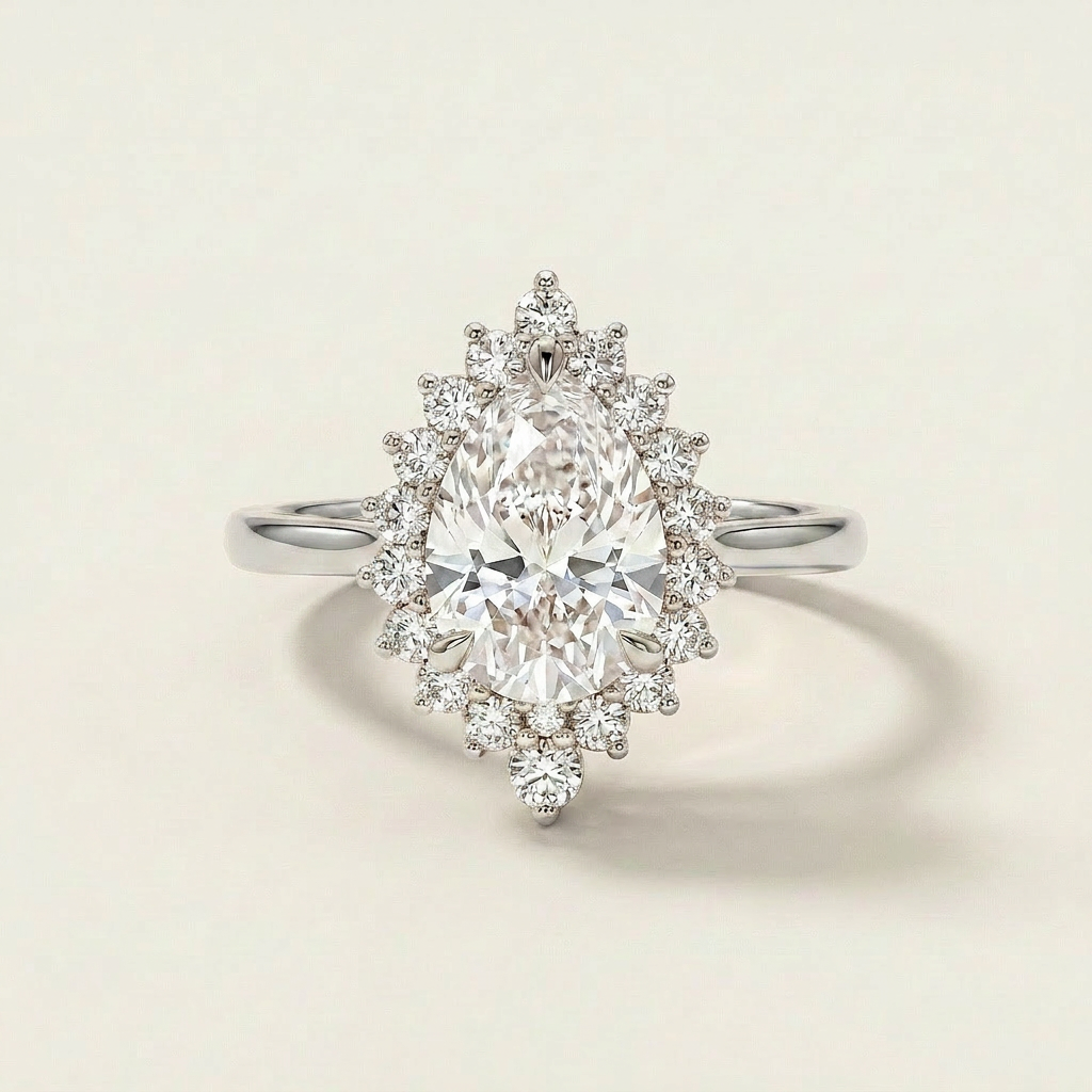 Moissanite 3.00 CT Pear & Round Cut Diamond Halo Ring