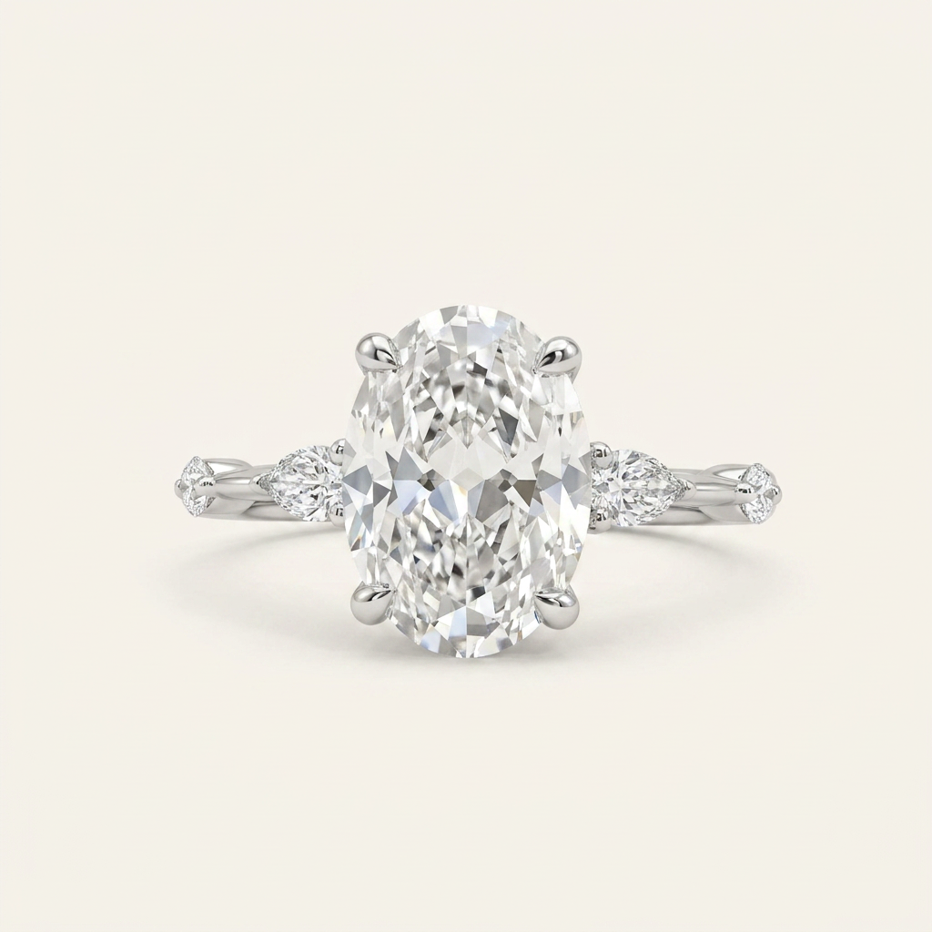 Moissanite 4.50 CT Oval & Pear Cut Diamond Three Stone Ring