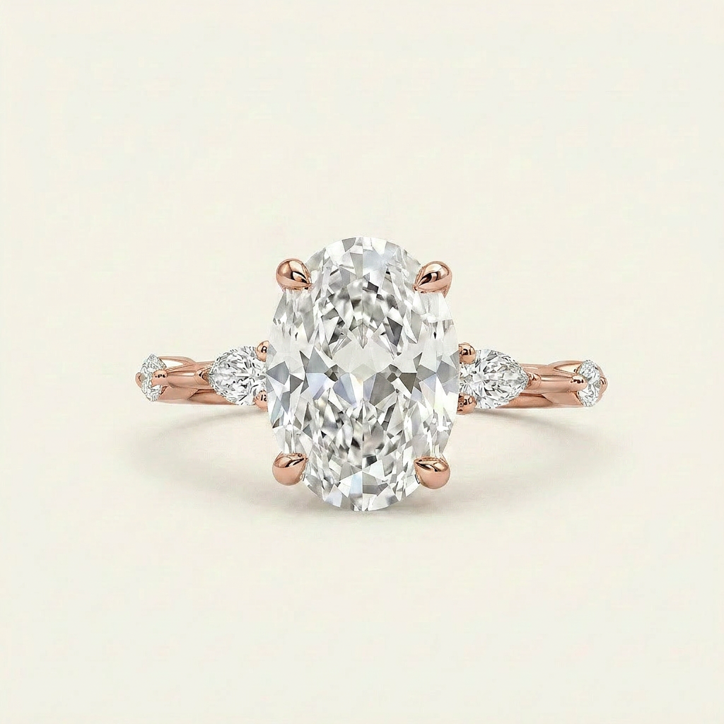 Moissanite 4.50 CT Oval & Pear Cut Diamond Three Stone Ring