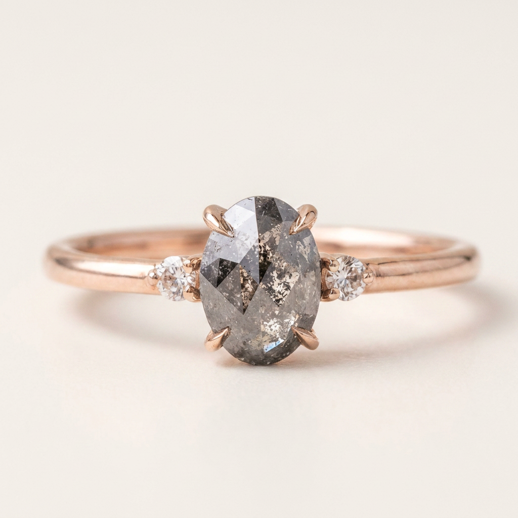 1.30 CT Oval & Round Cut Salt and Pepper Diamond Three Stone Ring