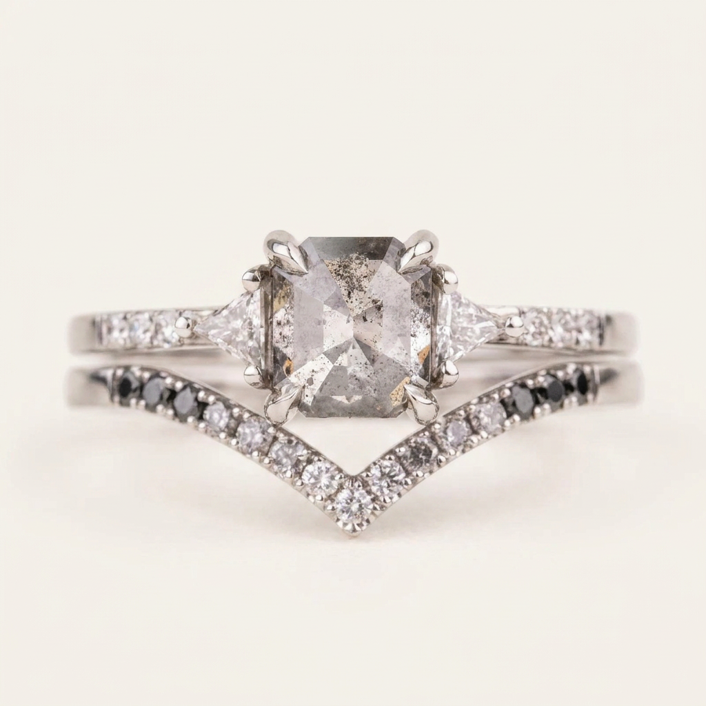 2.05 CT Asscher & Round Cut Salt and Pepper Diamond Three Stone Ring