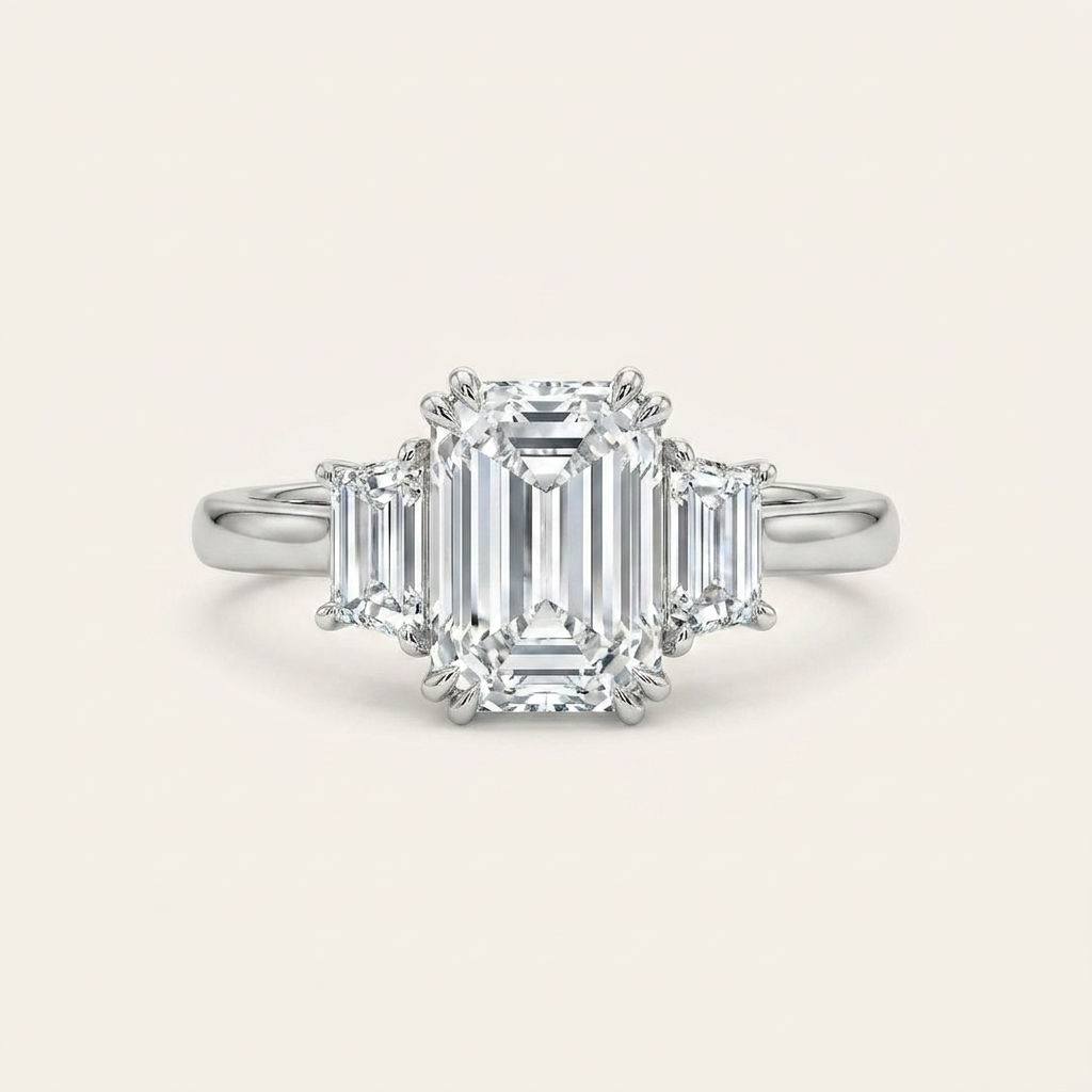 Moissanite 3.35 CT Emerald & Tapered Cut Diamond Three Stone Ring