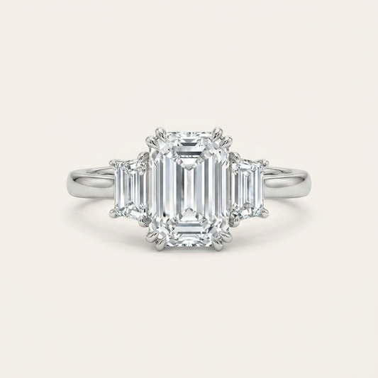 Moissanite 3.35 CT Emerald & Tapered Cut Diamond Three Stone Ring