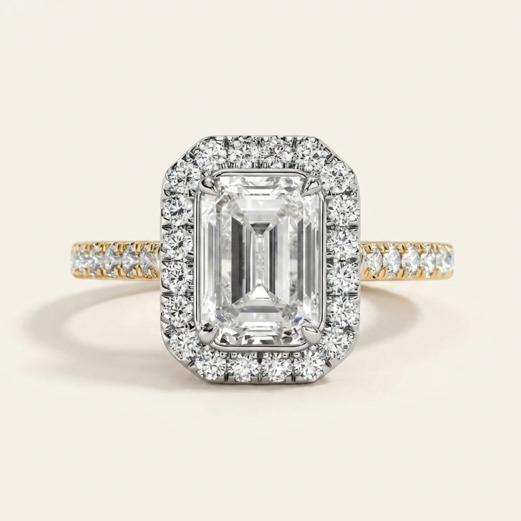 Moissanite 2.70 CT Emerald & Round Cut Diamond Halo Ring