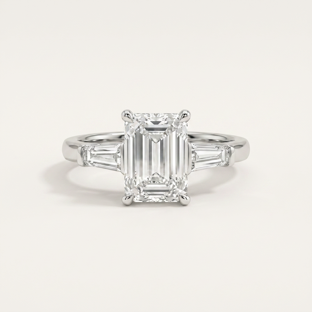 Moissanite 2.30 CT Emerald & Tapered Baguette Cut Diamond Three Stone Ring