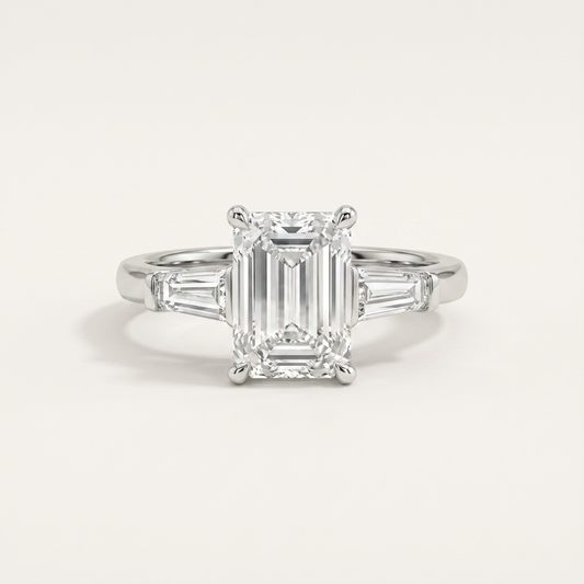 Moissanite 2.30 CT Emerald & Tapered Baguette Cut Diamond Three Stone Ring