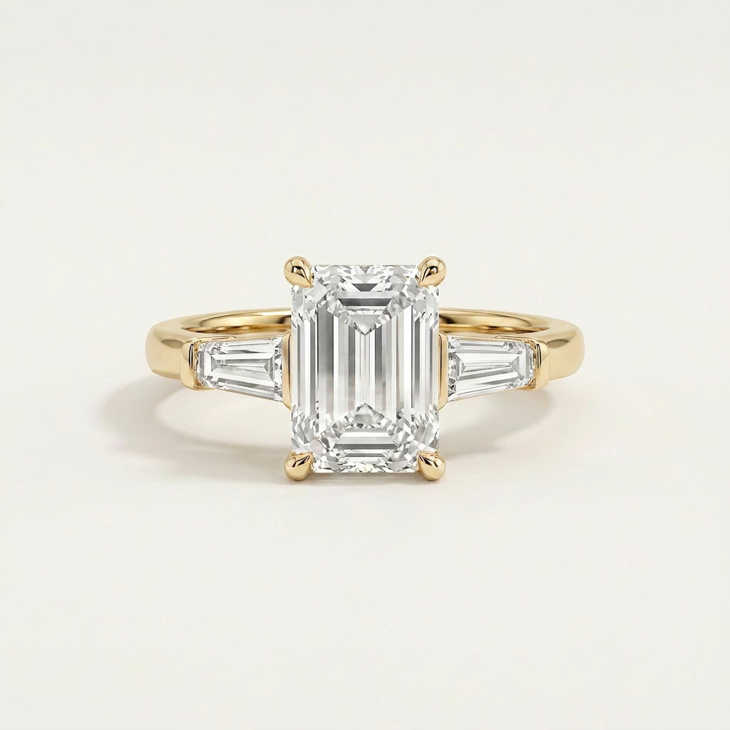Moissanite 2.30 CT Emerald & Tapered Baguette Cut Diamond Three Stone Ring