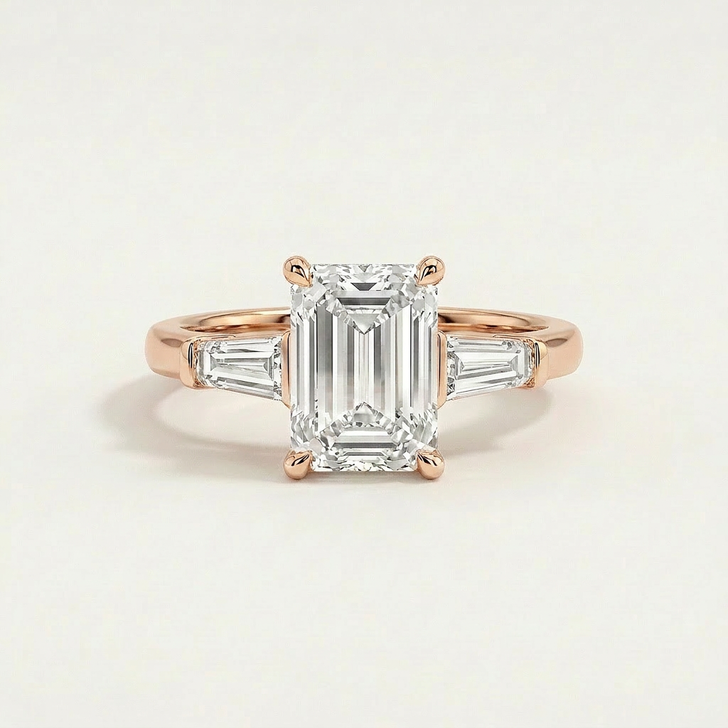 Moissanite 2.30 CT Emerald & Tapered Baguette Cut Diamond Three Stone Ring