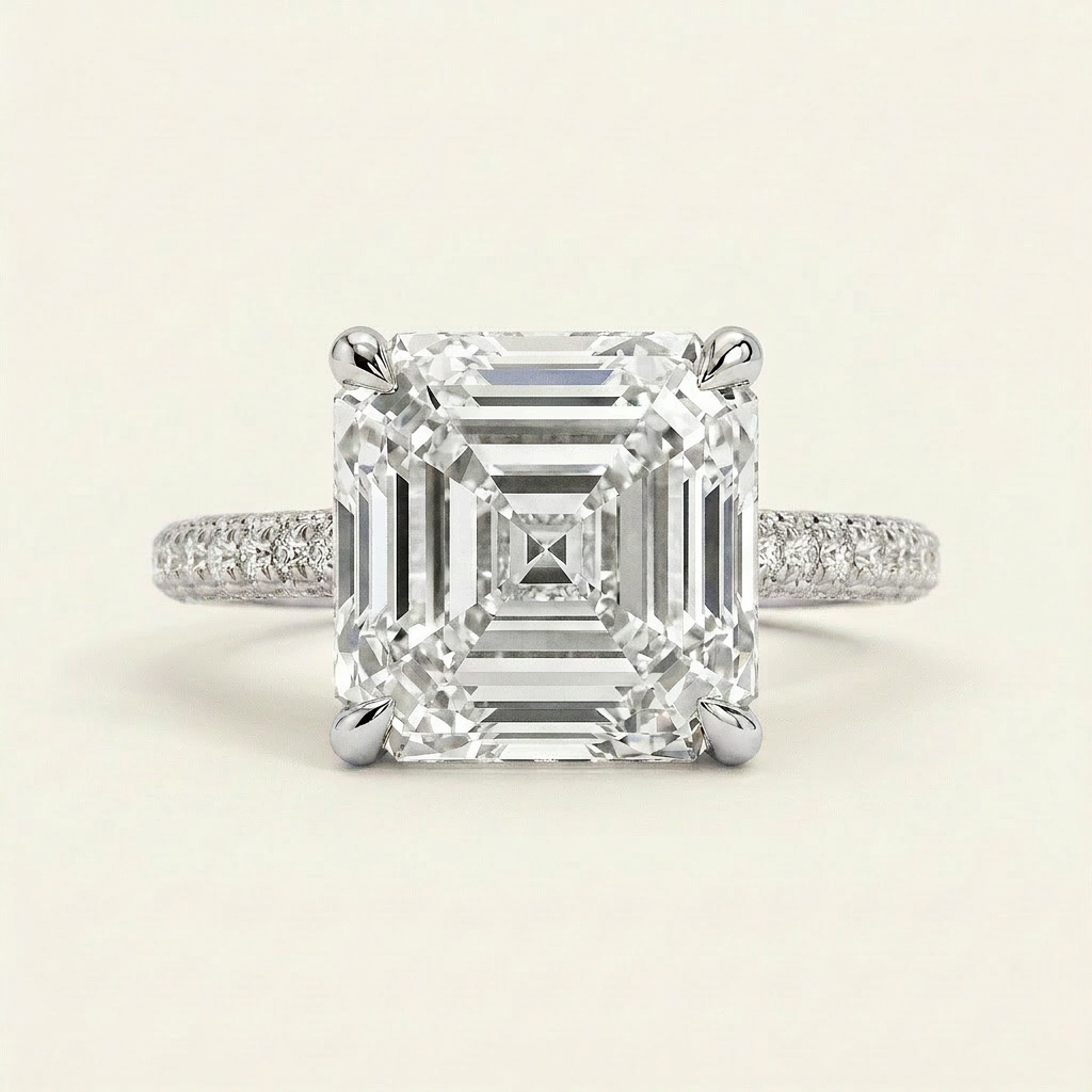 Moissanite 3.87 CT Asscher & Round Cut Diamond Solitaire Ring