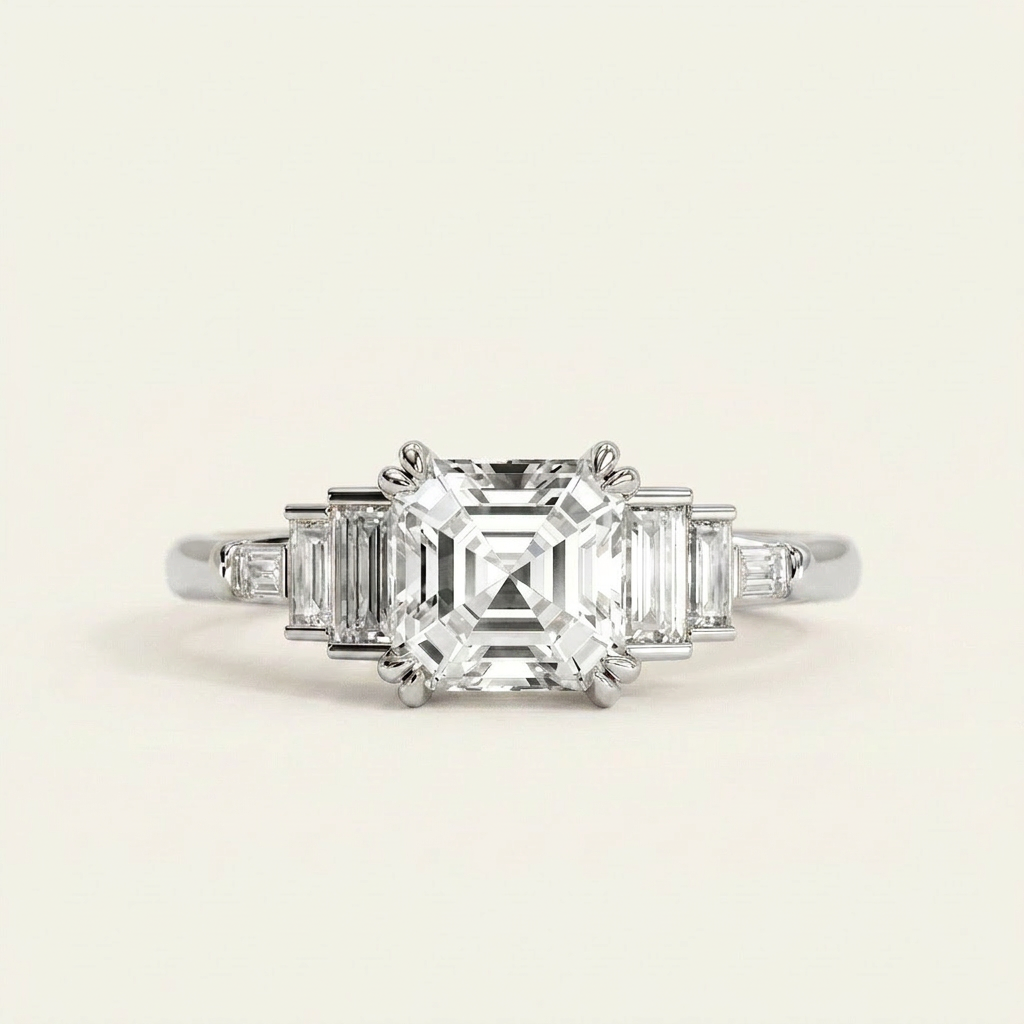 Moissanite 3.98 CT Asscher & Baguette Cut Diamond Cluster Seven-Stone Ring