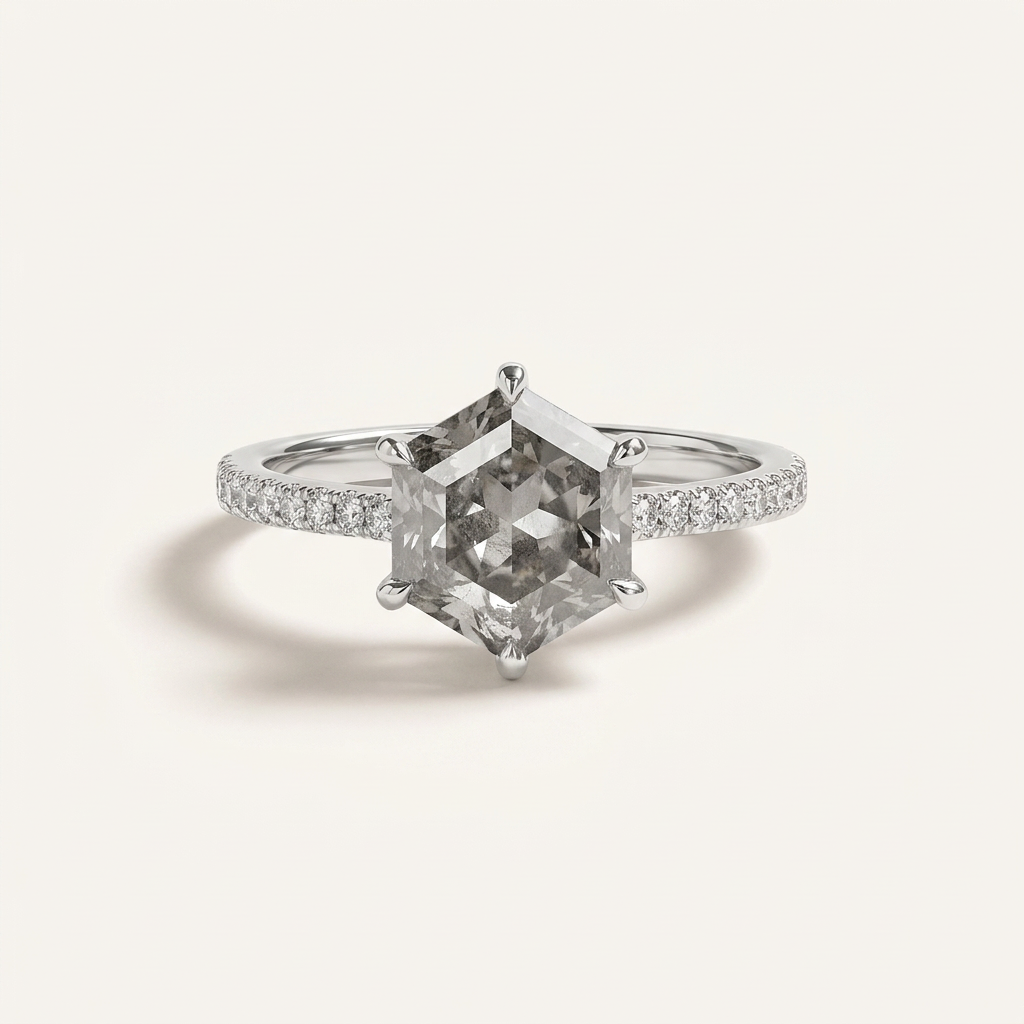 1.50 CT Hexagon Cut Salt and Pepper Diamond Pavé Solitaire Ring