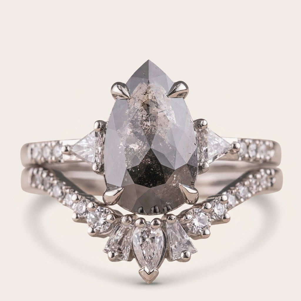2.20 CT Pear & Triangle Cut Salt and Pepper Diamond Three Stone Ring