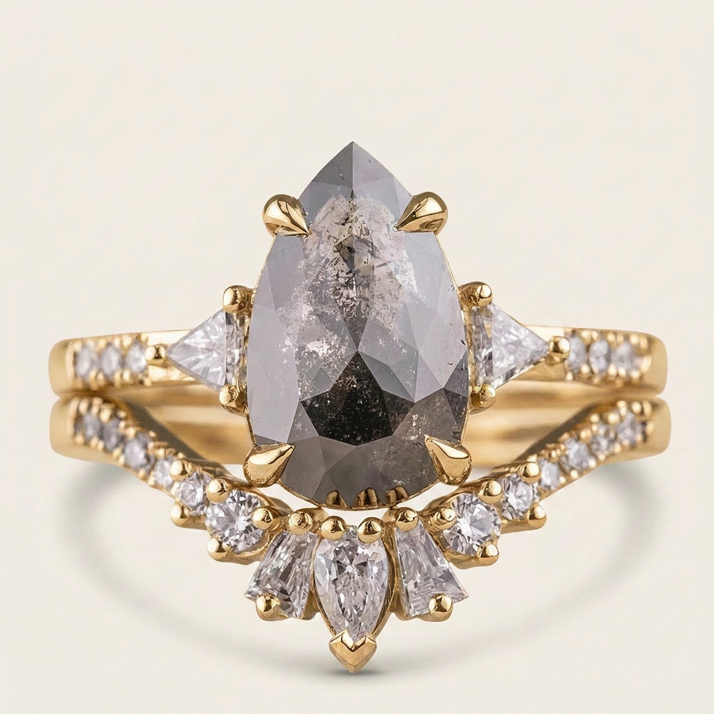 2.20 CT Pear & Triangle Cut Salt and Pepper Diamond Three Stone Ring