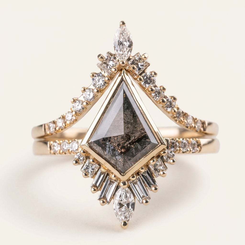 1.55 CT Kite & Round Cut Salt and Pepper Diamond Cluster Ring (V1)
