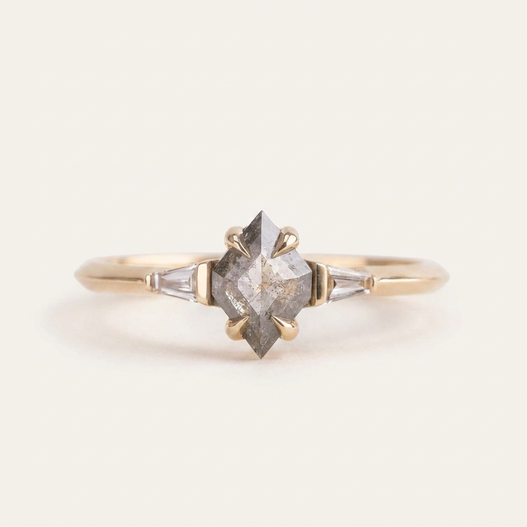 1.20 CT Kite & Tapered Baguette Cut Salt and Pepper Diamond Three Stone Ring