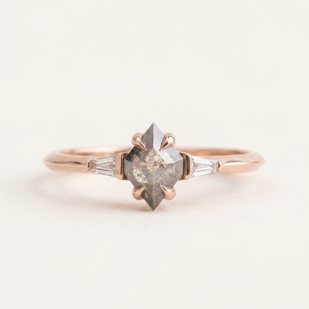1.20 CT Kite & Tapered Baguette Cut Salt and Pepper Diamond Three Stone Ring