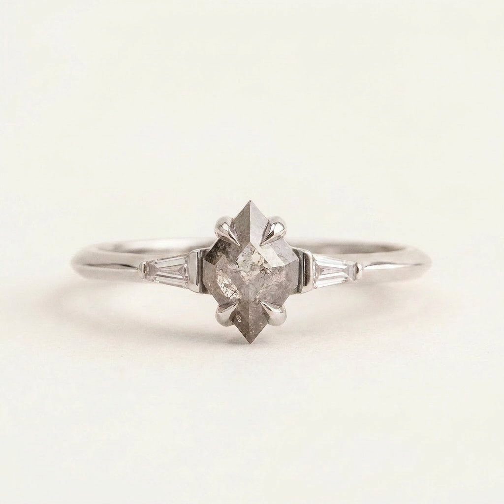 1.20 CT Kite & Tapered Baguette Cut Salt and Pepper Diamond Three Stone Ring