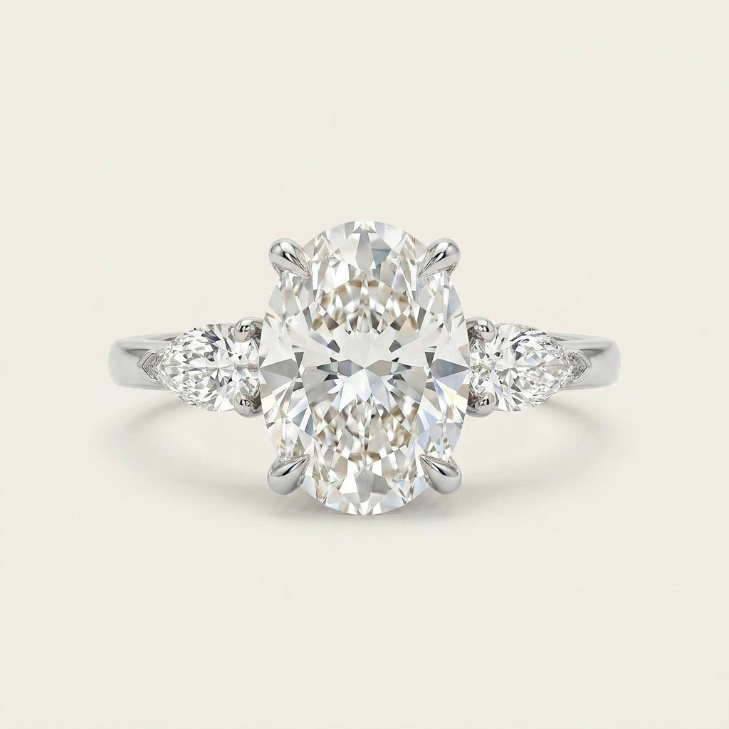 Moissanite 2.00 CT Oval & Pear Cut Diamond Three Stone Ring