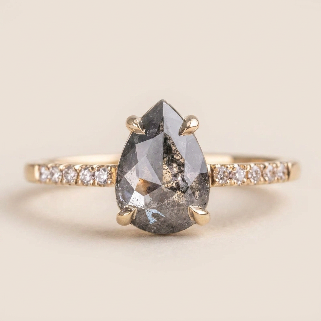 1.60 CT Pear Cut Salt and Pepper Diamond Solitaire Ring