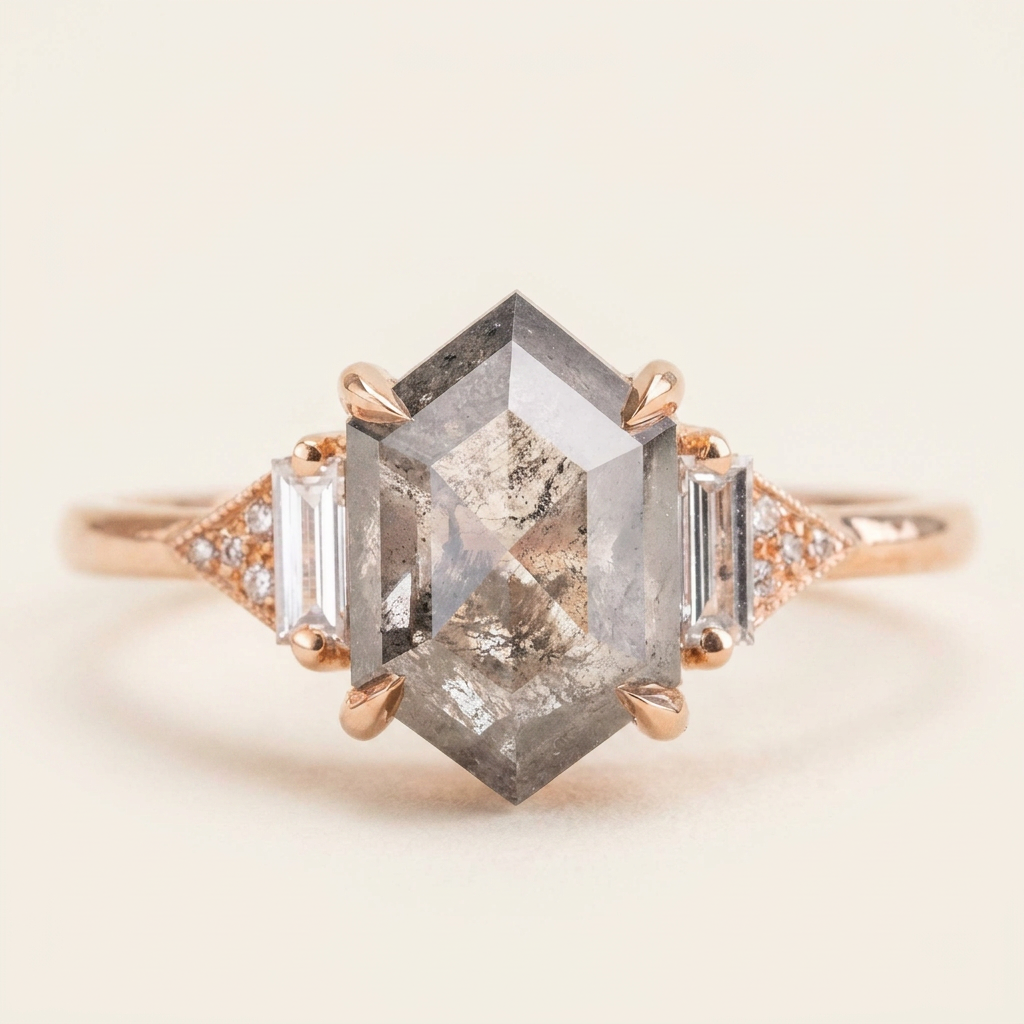 1.45 CT Hexagon & Round Cut Salt and Pepper Diamond Three Stone Ring (V2)