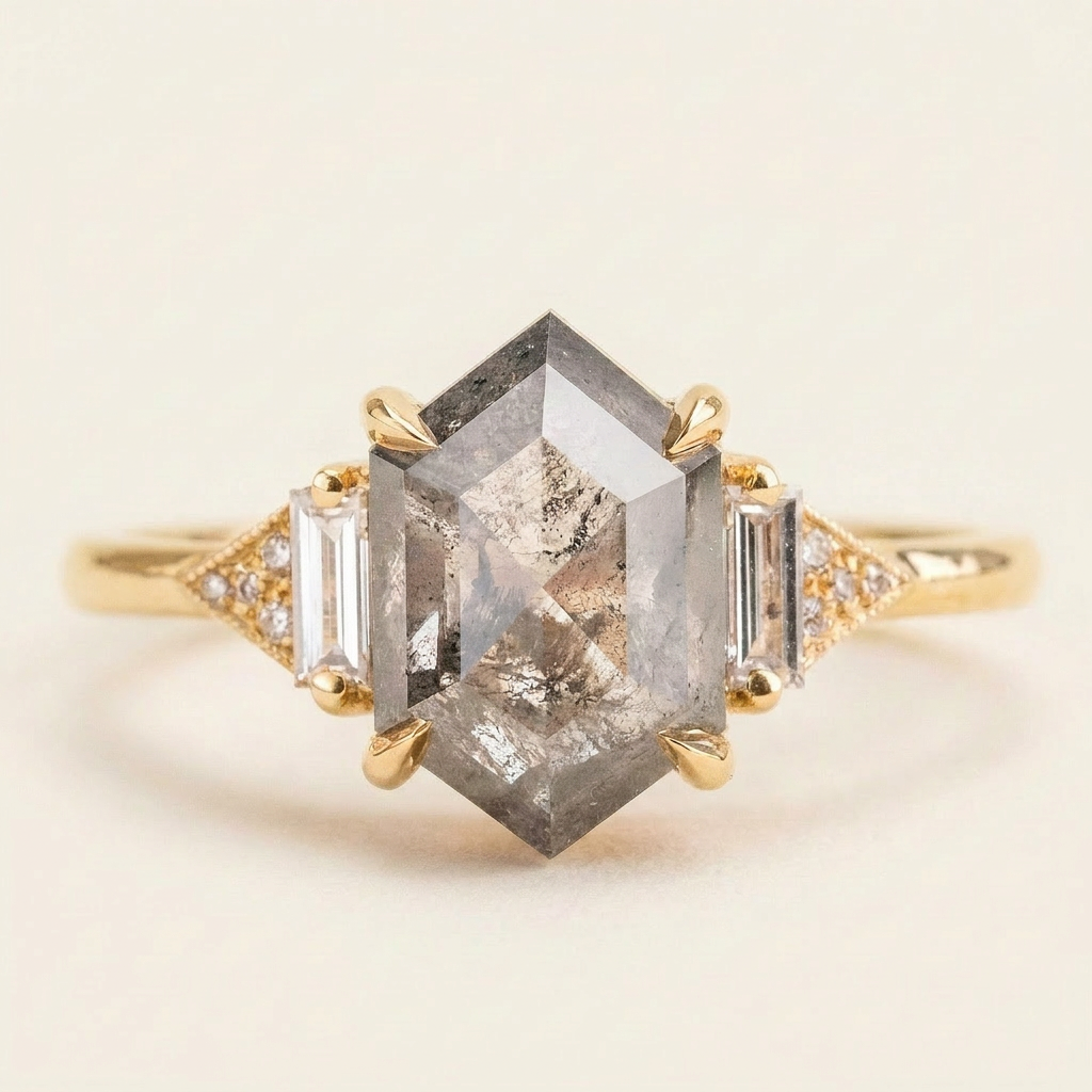 1.45 CT Hexagon & Round Cut Salt and Pepper Diamond Three Stone Ring (V2)