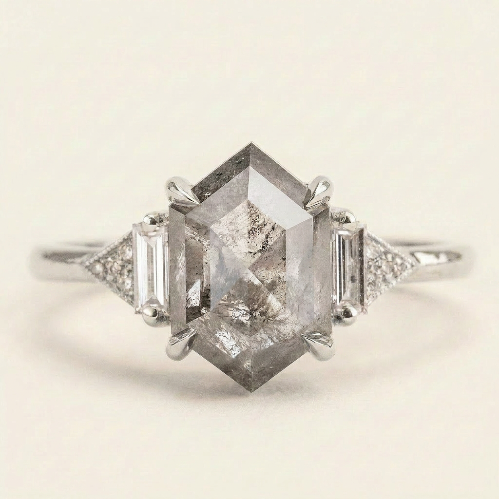 1.45 CT Hexagon & Round Cut Salt and Pepper Diamond Three Stone Ring (V2)