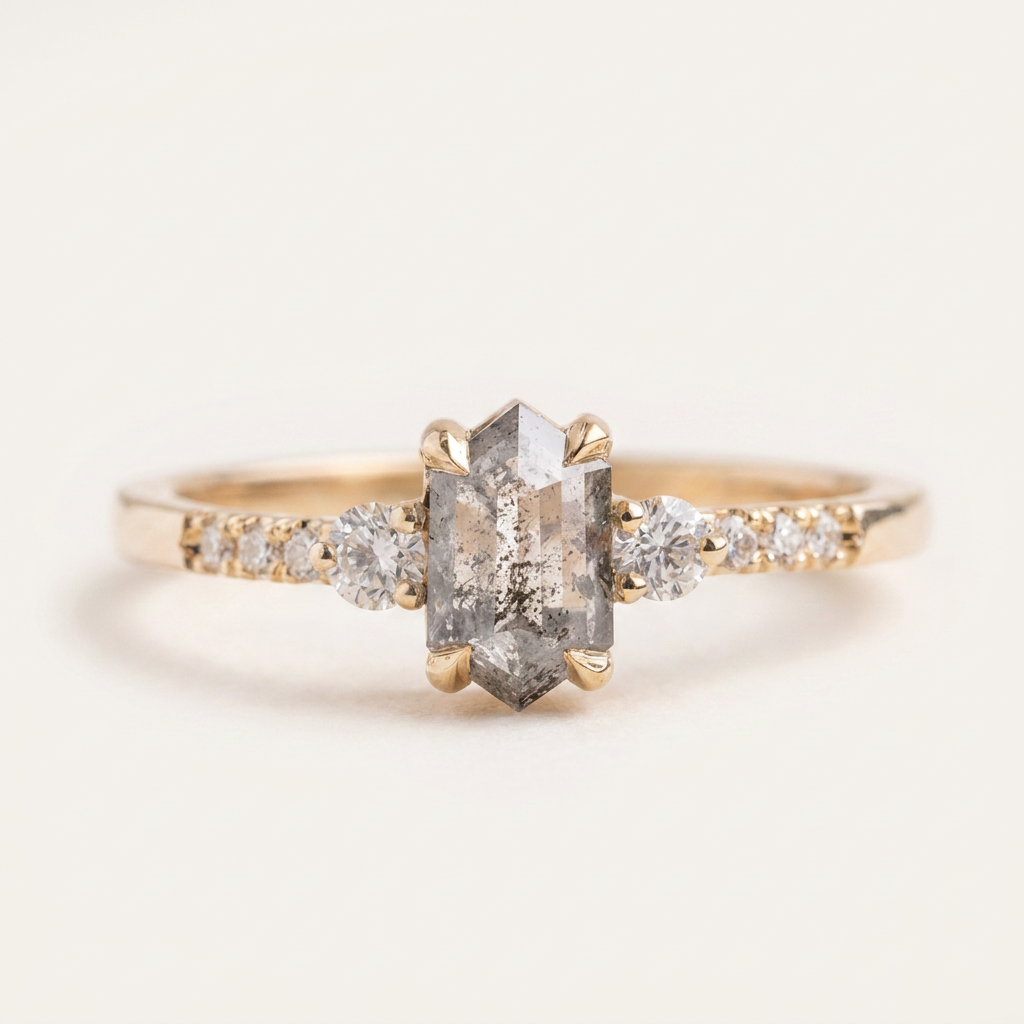 1.55 CT Hexagon & Round Cut Salt and Pepper Diamond Three Stone Ring