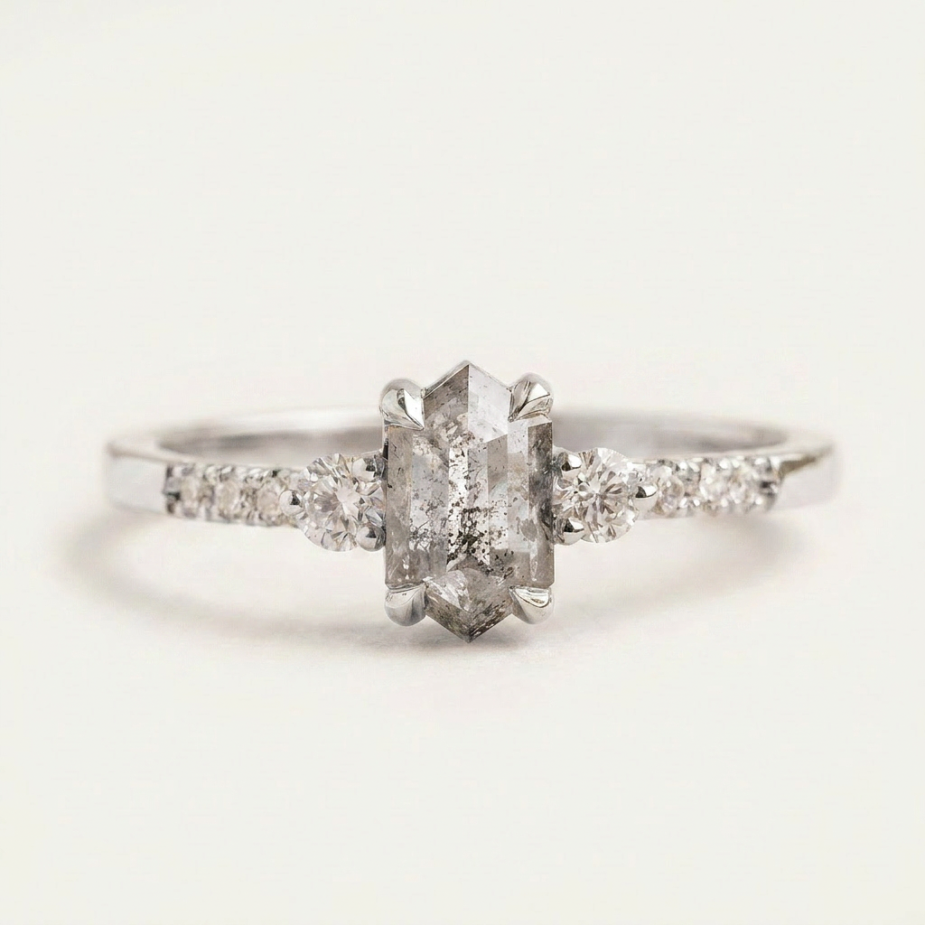 1.55 CT Hexagon & Round Cut Salt and Pepper Diamond Three Stone Ring