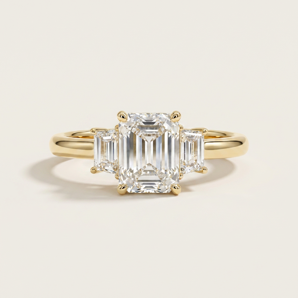Moissanite 3.00 CT Emerald & Trapezoid Cut Diamond Three Stone Ring