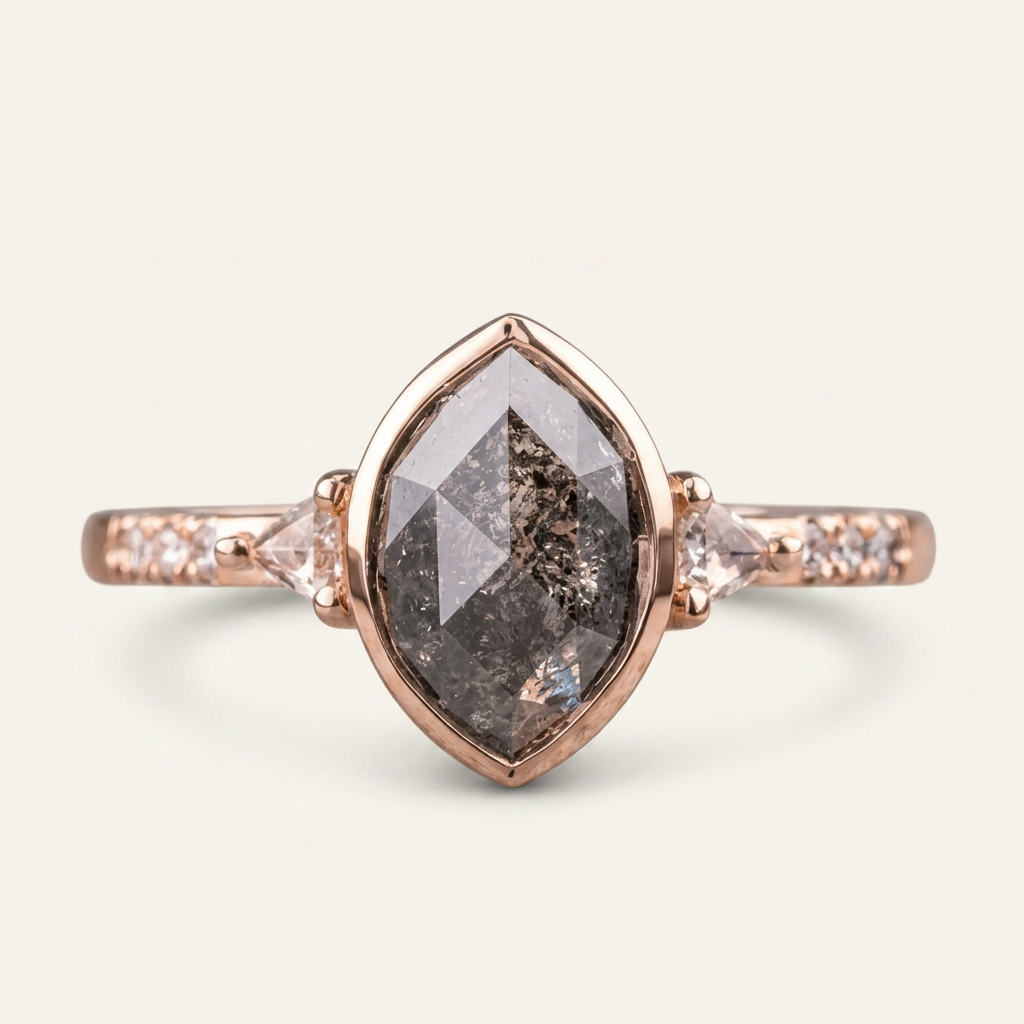 1.90 CT Marquise & Trillion Cut Salt and Pepper Diamond Three Stone Ring