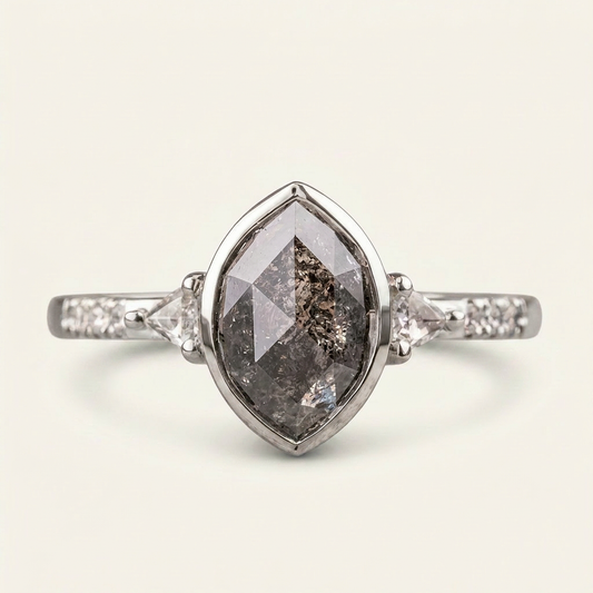 1.90 CT Marquise & Trillion Cut Salt and Pepper Diamond Three Stone Ring