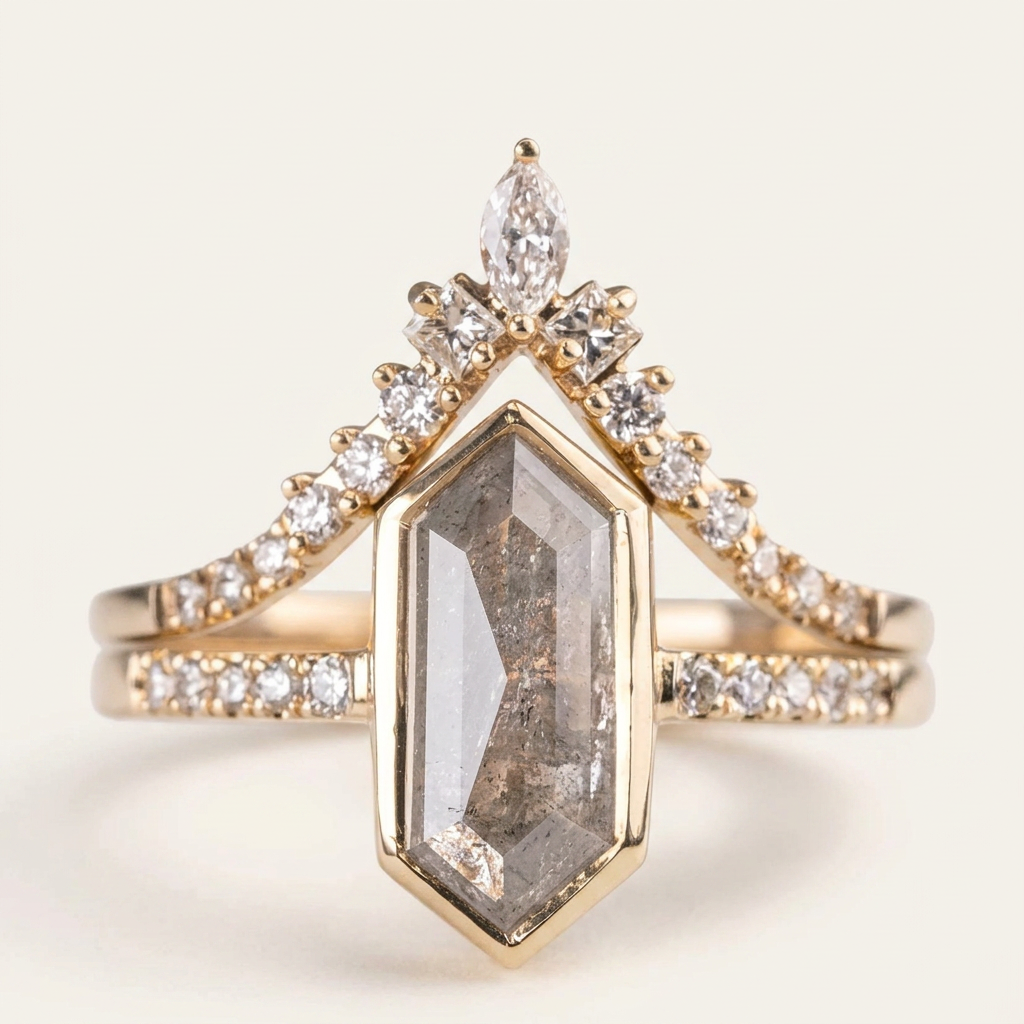 1.95 CT Hexagon Cut Salt and Pepper Diamond Solitaire Ring
