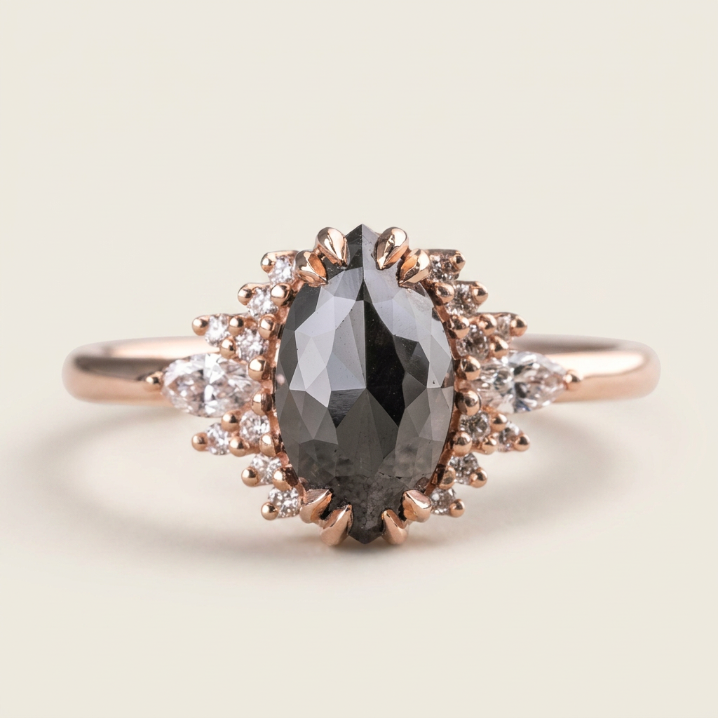 1.60 CT Marquise & Round Cut Salt and Pepper Diamond Cluster Ring