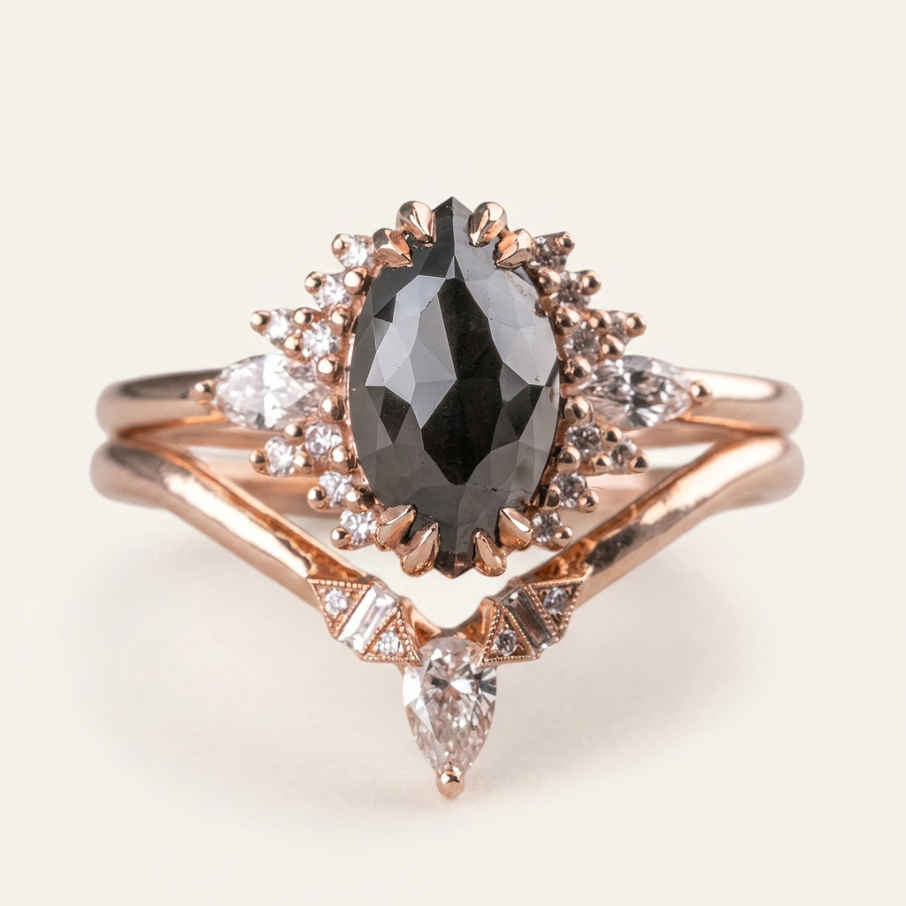 1.60 CT Marquise & Round Cut Salt and Pepper Diamond Cluster Ring