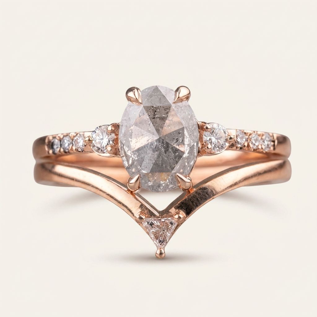 1.70 CT Oval & Round Cut Salt and Pepper Diamond Three Stone Ring