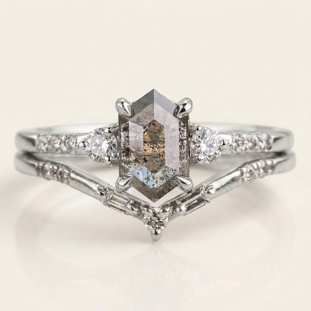 1.75 CT Hexagon & Round Cut Salt and Pepper Diamond Three Stone Ring