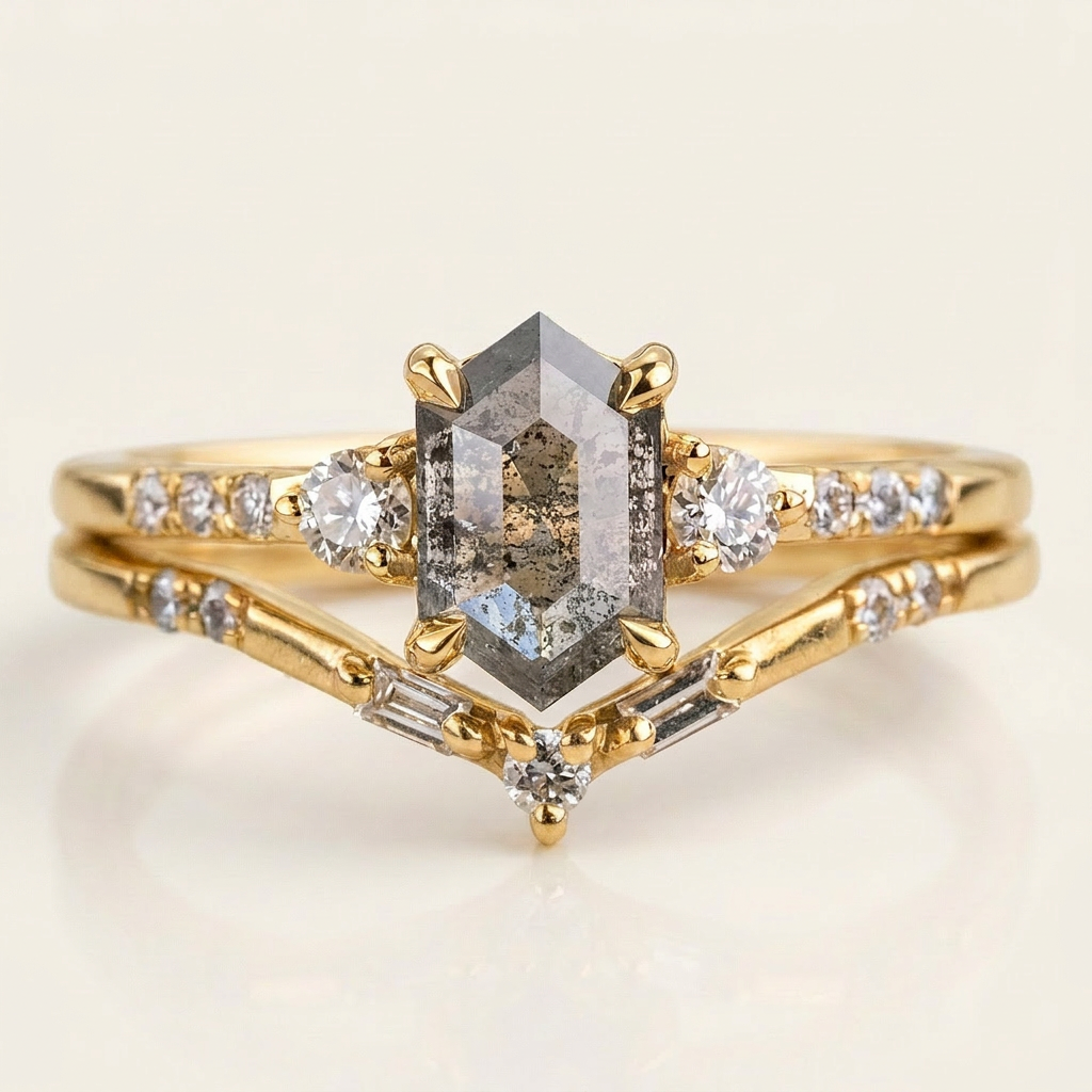 1.75 CT Hexagon & Round Cut Salt and Pepper Diamond Three Stone Ring