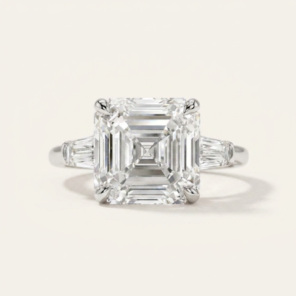 Moissanite 3.57 CT Asscher & Tapered Cut Diamond Three Stone Ring