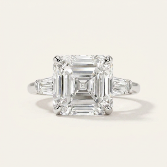 Moissanite 3.57 CT Asscher & Tapered Cut Diamond Three Stone Ring