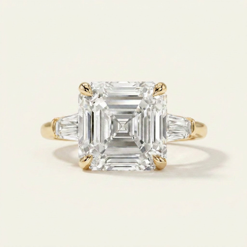 Moissanite 3.57 CT Asscher & Tapered Cut Diamond Three Stone Ring