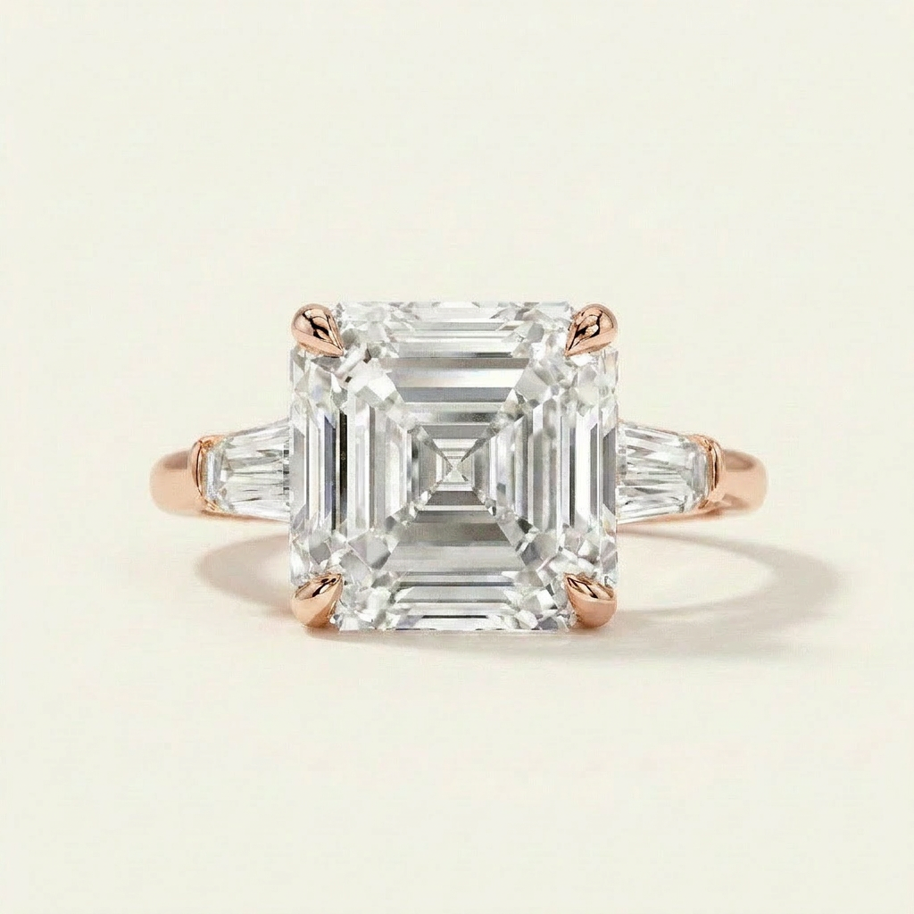 Moissanite 3.57 CT Asscher & Tapered Cut Diamond Three Stone Ring