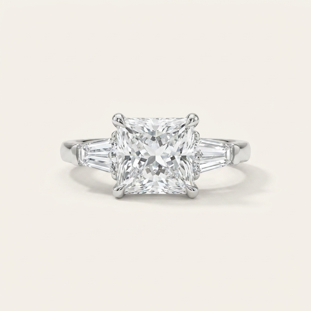 Moissanite 3.70 CT Princess & Tapered Cut Diamond Three Stone Ring