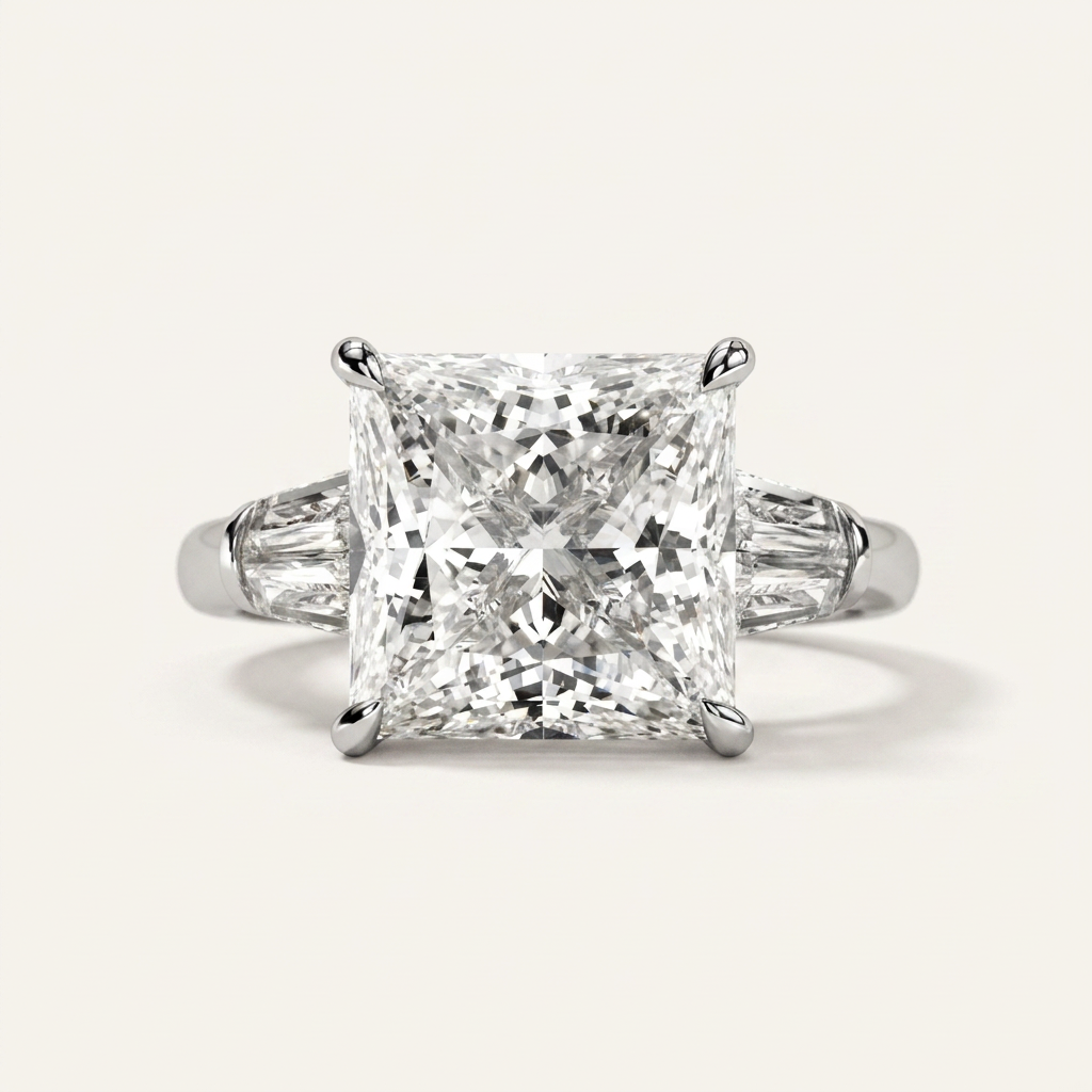 Moissanite 3.42 CT Princess & Tapered Cut Diamond Three Stone Ring